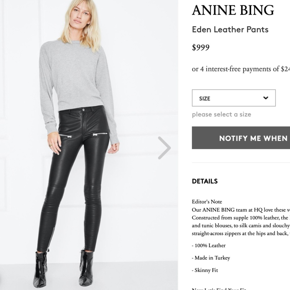 ANINE BING $999 Eden Leather Pants Small S